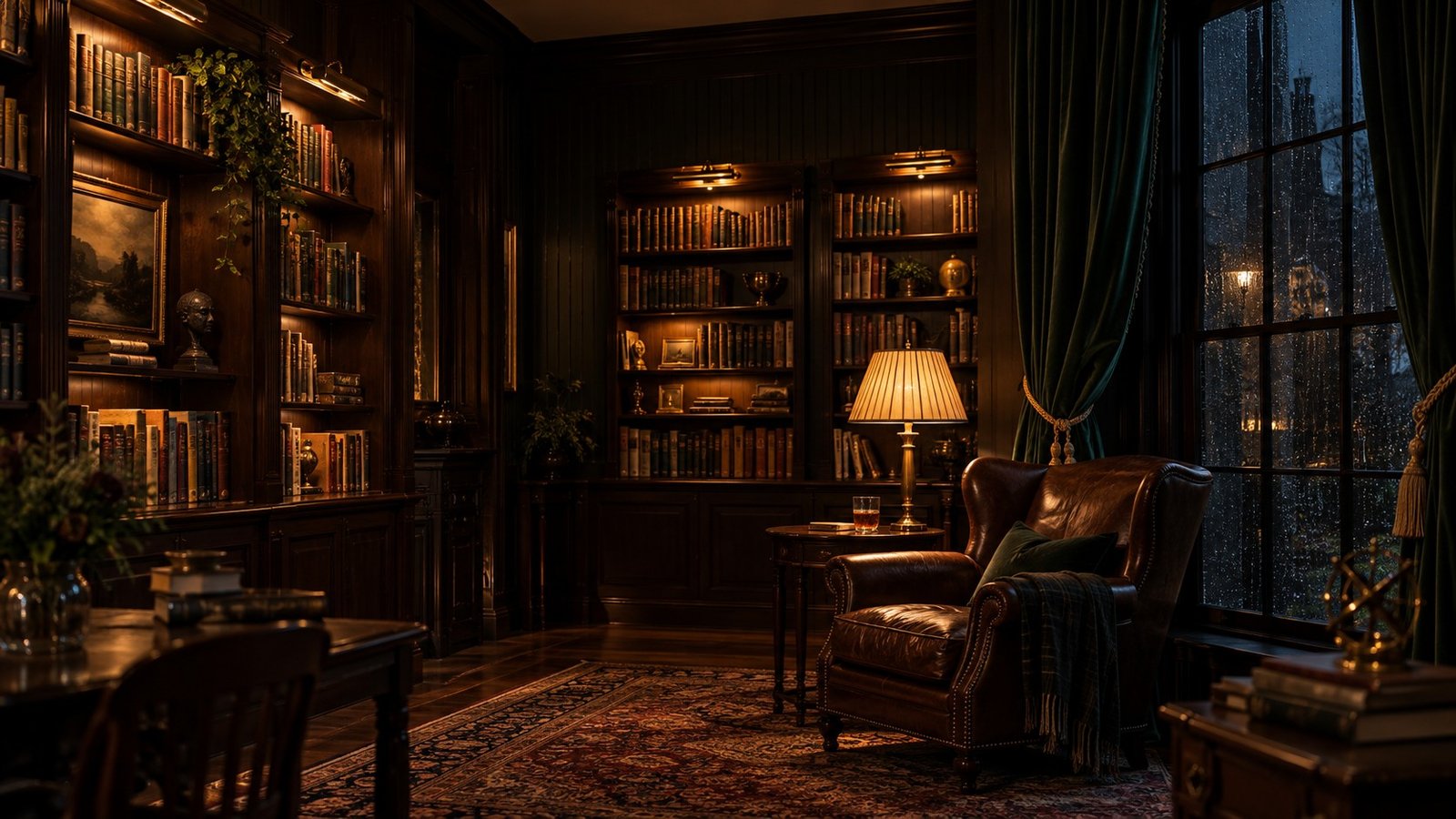 A warmly lit wood-paneled library with green drapes and a leather reading chair