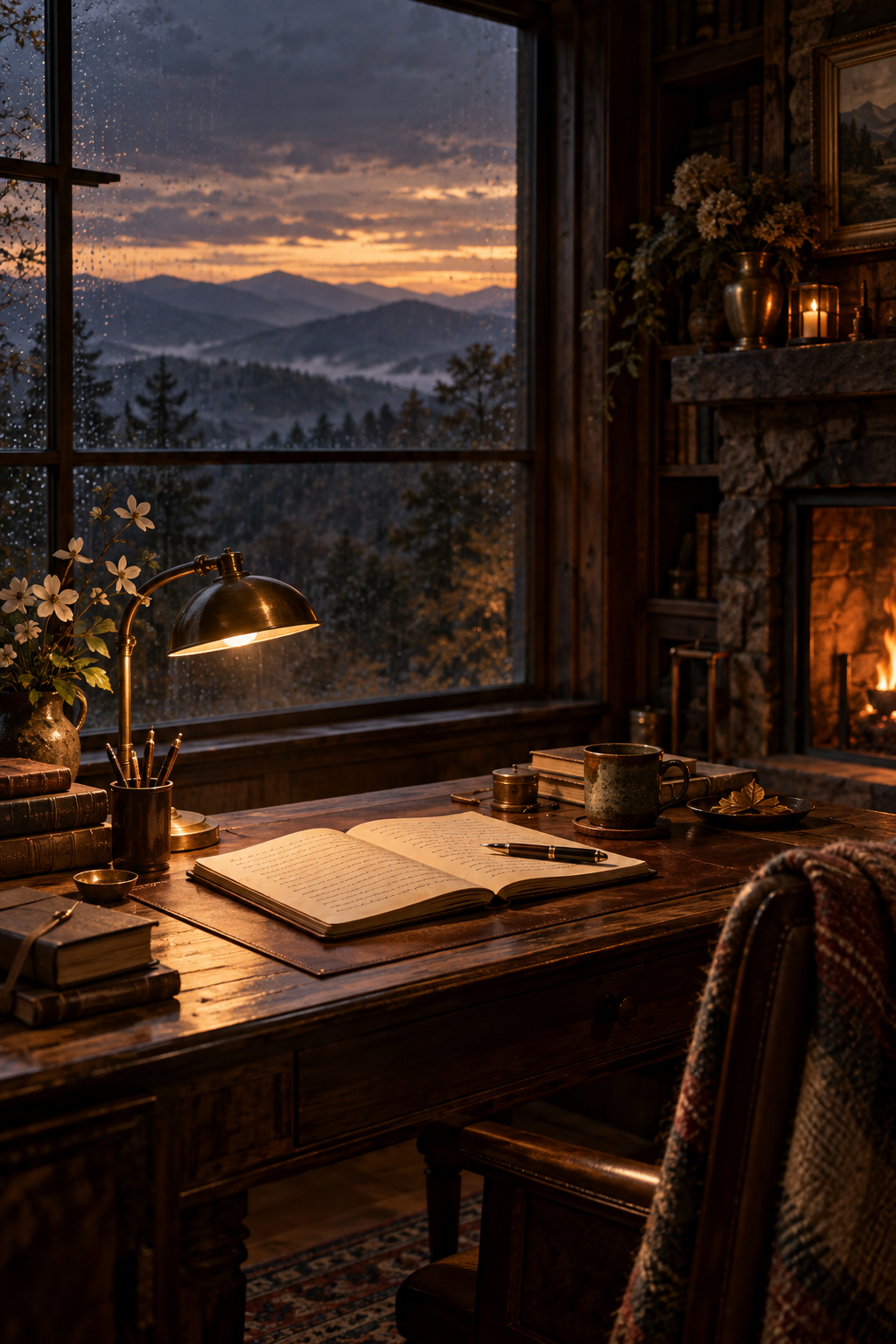 A warm literary study overlooking the Blue Ridge Mountains